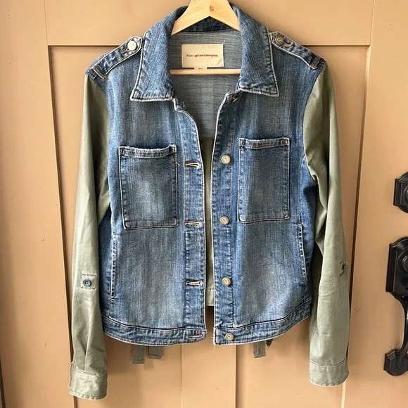 Pilcro Anthropologie Mixed Media Denim Jacket Blue/ Army Green Small - Picture 11 of 11